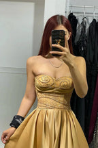 Charming Long Satin Strapless Sleevesless A-Line Prom Dress With Beading by misshow.com