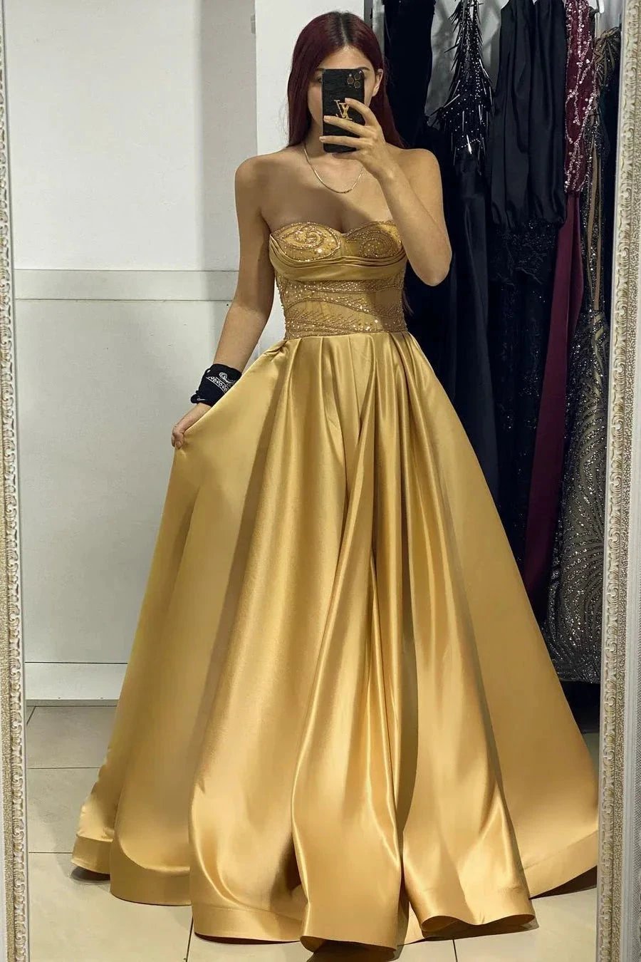 Charming Long Satin Strapless Sleevesless A-Line Prom Dress With Beading by misshow.com
