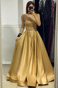 Charming Long Satin Strapless Sleevesless A-Line Prom Dress With Beading by misshow.com
