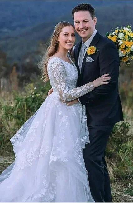 Charming Long Sleeves V-Neck Garden Lace A-Line Wedding Dress by misshow.com