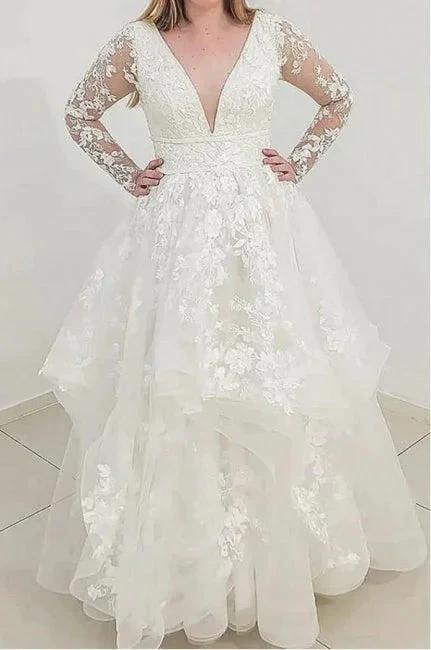 Charming Long Sleeves V-Neck Garden Lace A-Line Wedding Dress by misshow.com