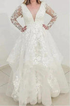Charming Long Sleeves V-Neck Garden Lace A-Line Wedding Dress by misshow.com
