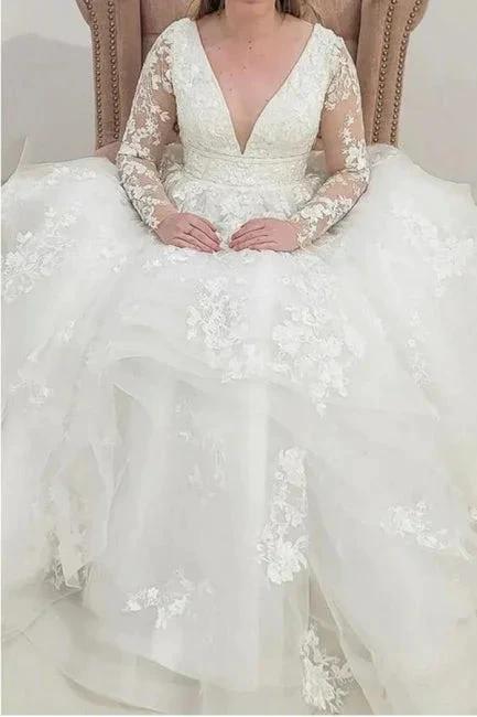 Charming Long Sleeves V-Neck Garden Lace A-Line Wedding Dress by misshow.com
