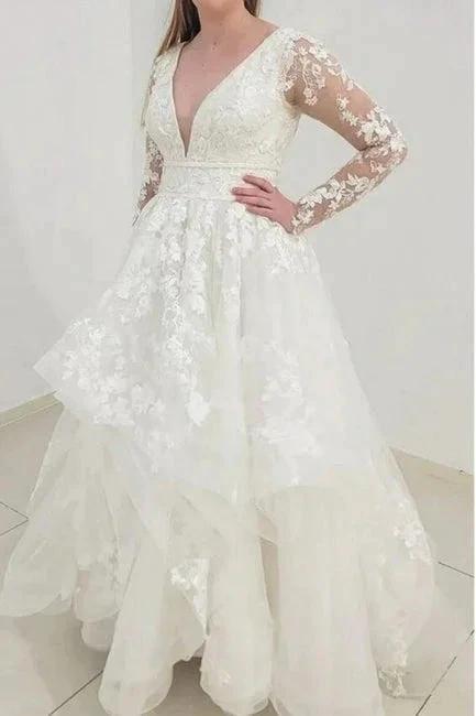 Charming Long Sleeves V-Neck Garden Lace A-Line Wedding Dress by misshow.com