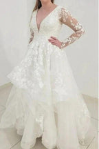 Charming Long Sleeves V-Neck Garden Lace A-Line Wedding Dress by misshow.com