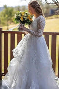 Charming Long Sleeves V-Neck Garden Lace A-Line Wedding Dress by misshow.com