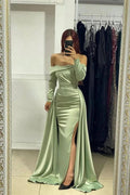Charming Long Strapless Front Split Satin Mermaid Prom Dress With Long Sleeves by misshow.com