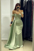 Charming Long Sweetheart Off The Shoulder Satin Column Mermaid Prom Dress by misshow.com