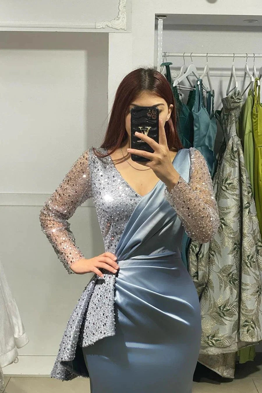 Charming Long V-Neck Long Sleeves Mermaid Prom Dress With Rhinestone by misshow.com