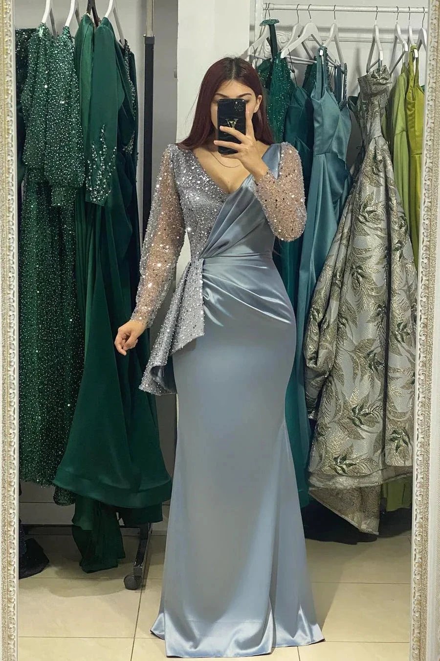 Charming Long V-Neck Long Sleeves Mermaid Prom Dress With Rhinestone by misshow.com
