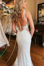 Charming Long V-neck Mermaid Sleeveless Wedding Dress With Lace by misshow.com
