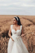 Charming Long White A-line Tulle Sleeveless Wedding Dress with Lace by misshow.com