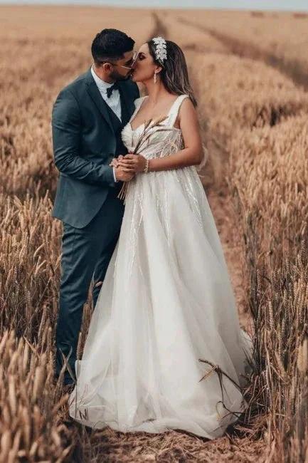Charming Long White A-line Tulle Sleeveless Wedding Dress with Lace by misshow.com