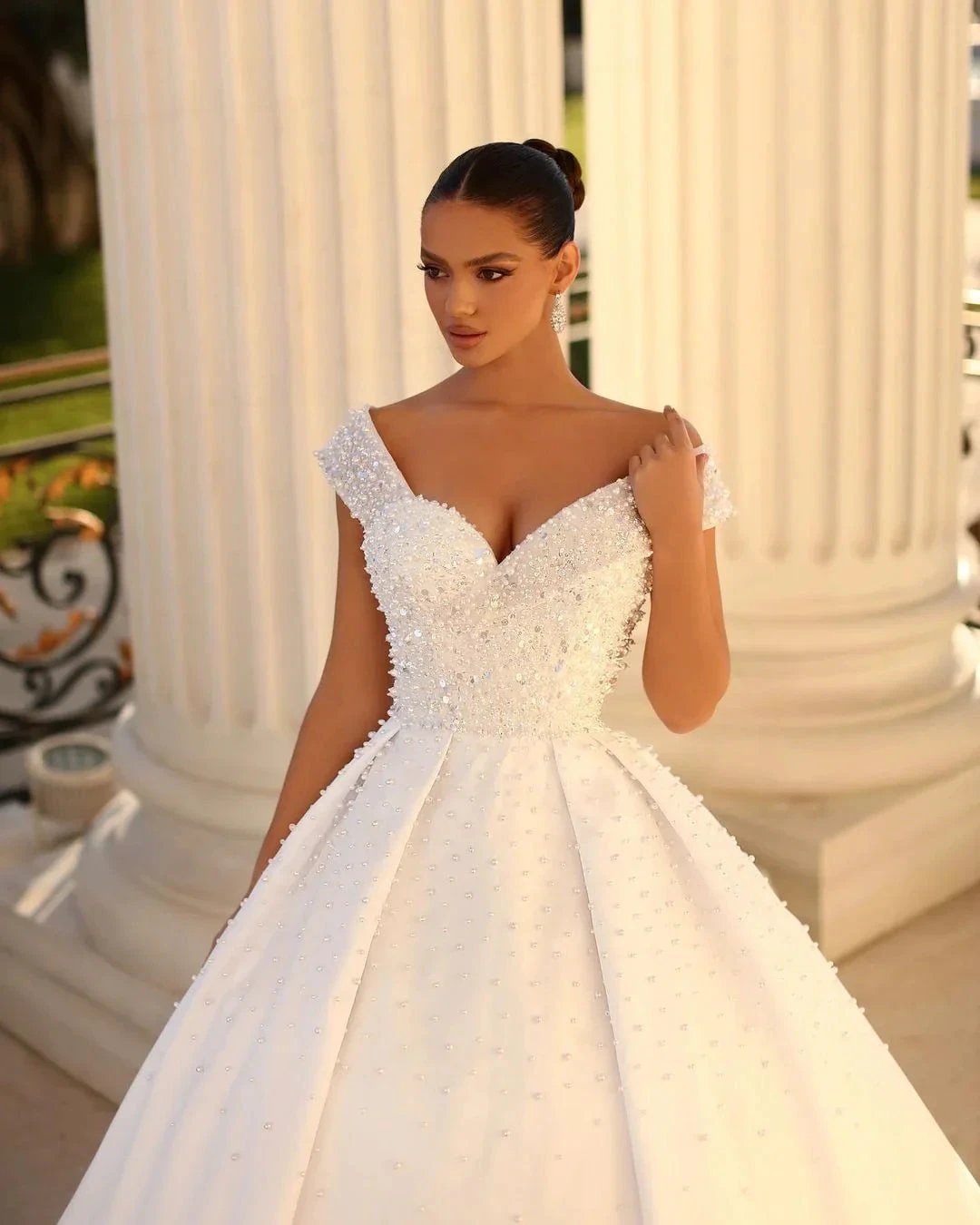 Charming Long White Off-the-shoulder A-line Sequined Wedding Dress With Pearls by misshow.com