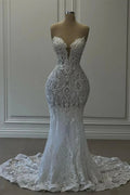 Charming Long White Sweetheart Mermaid Lace Sleeveless Wedding Dress by misshow.com