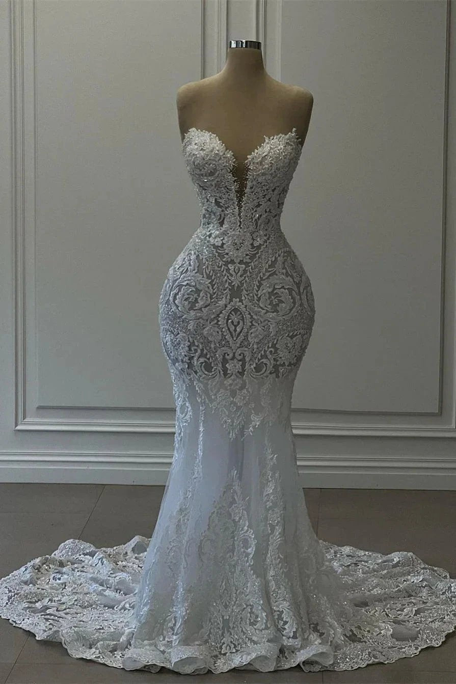 Charming Long White Sweetheart Mermaid Lace Sleeveless Wedding Dress by misshow.com