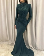 Charming Mermaid Satin High Neck Long Sleeve Prom Dresses With Ruffles Buttons by misshow.com