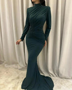 Charming Mermaid Satin High Neck Long Sleeve Prom Dresses With Ruffles Buttons by misshow.com