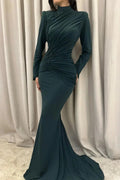 Charming Mermaid Satin High Neck Long Sleeve Prom Dresses With Ruffles Buttons by misshow.com