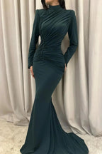 Charming Mermaid Satin High Neck Long Sleeve Prom Dresses With Ruffles Buttons by misshow.com