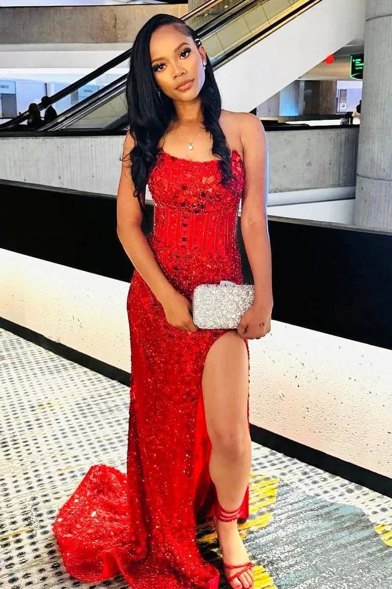 Alcyone | Mermaid Scoop Neck Red Sequins Prom Dresses with Slit F1065 by Sunnderly