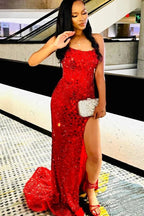 Alcyone | Mermaid Scoop Neck Red Sequins Prom Dresses with Slit F1065 by Sunnderly