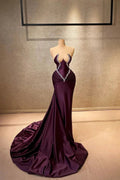 Charming Mermaid Strapless Sleeveless Rhinestone Satin Train Burgundy Long Prom Dress by misshow.com