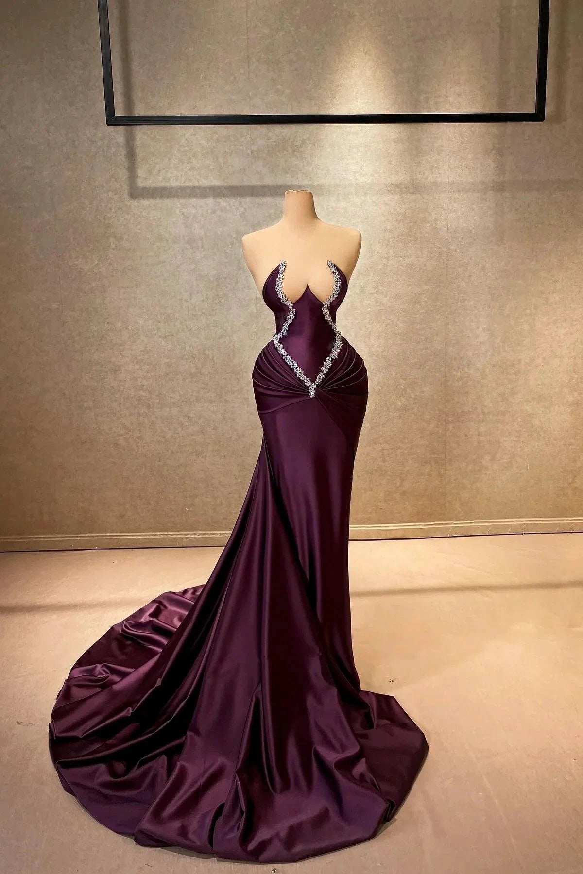 Charming Mermaid Strapless Sleeveless Rhinestone Satin Train Burgundy Long Prom Dress by misshow.com