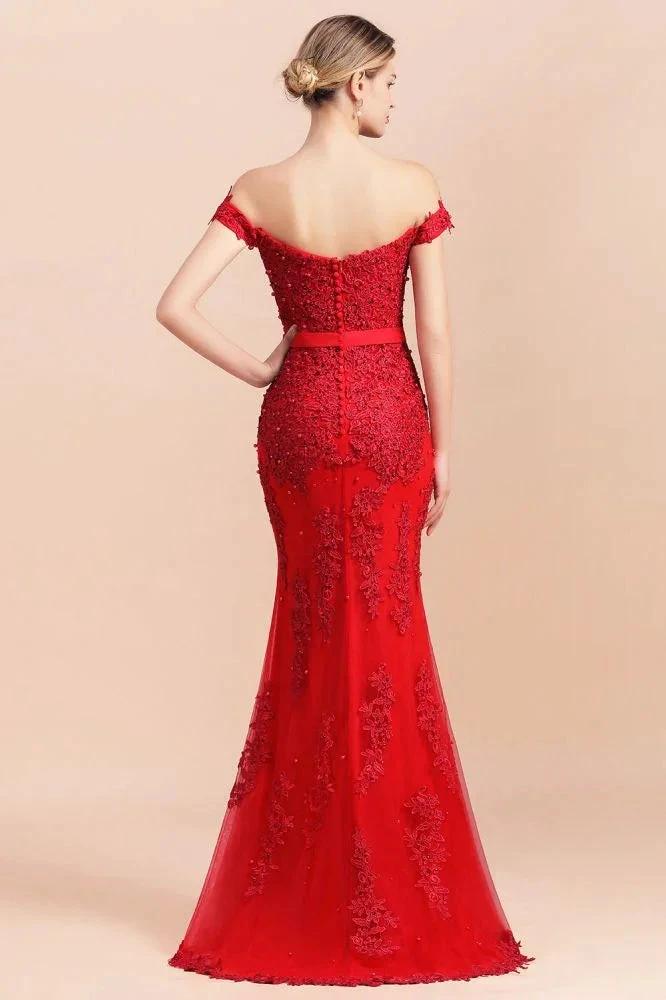 Charming Off-the-Shoulder Lace Appliques Red Mermaid Bridemaid Dres Slim Evening Gown by misshow.com