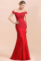 Charming Off-the-Shoulder Lace Appliques Red Mermaid Bridemaid Dres Slim Evening Gown by misshow.com