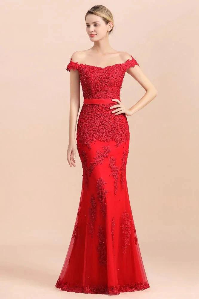 Charming Off-the-Shoulder Lace Appliques Red Mermaid Bridemaid Dres Slim Evening Gown by misshow.com