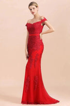 Charming Off-the-Shoulder Lace Appliques Red Mermaid Bridemaid Dres Slim Evening Gown by misshow.com
