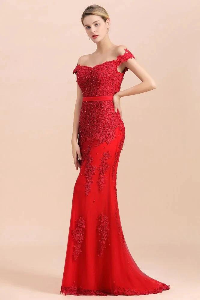 Charming Off-the-Shoulder Lace Appliques Red Mermaid Bridemaid Dres Slim Evening Gown by misshow.com