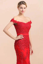 Charming Off-the-Shoulder Lace Appliques Red Mermaid Bridemaid Dres Slim Evening Gown by misshow.com