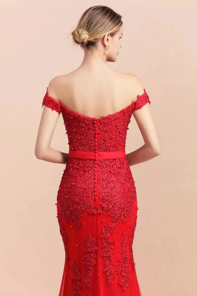 Charming Off-the-Shoulder Lace Appliques Red Mermaid Bridemaid Dres Slim Evening Gown by misshow.com