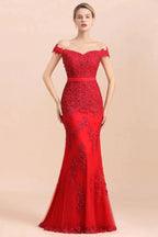 Charming Off-the-Shoulder Lace Appliques Red Mermaid Bridemaid Dres Slim Evening Gown by misshow.com