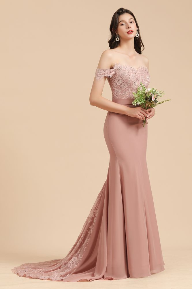 Charming Off the Shoulder Lace Mermaid Party Gown Slim Bridesmaid Dress