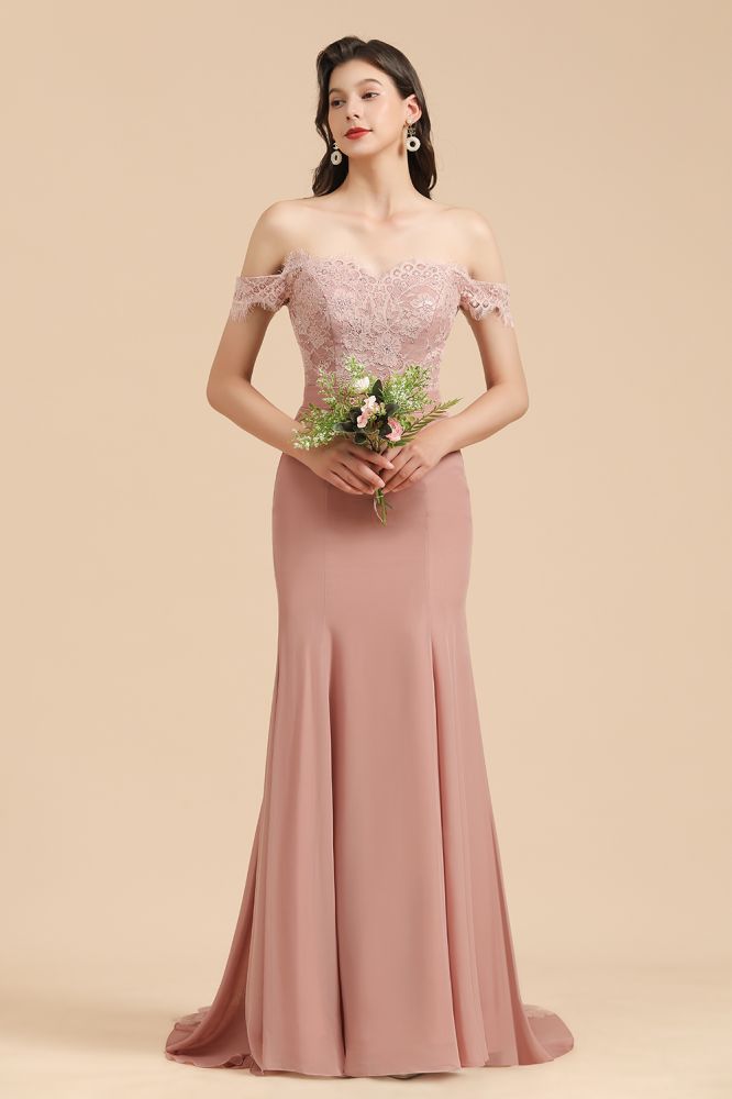 Charming Off the Shoulder Lace Mermaid Party Gown Slim Bridesmaid Dress