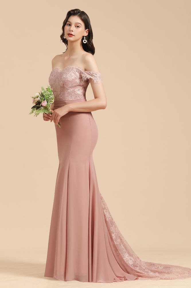 Charming Off the Shoulder Lace Mermaid Party Gown Slim Bridesmaid Dress