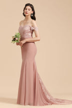 Charming Off the Shoulder Lace Mermaid Party Gown Slim Bridesmaid Dress