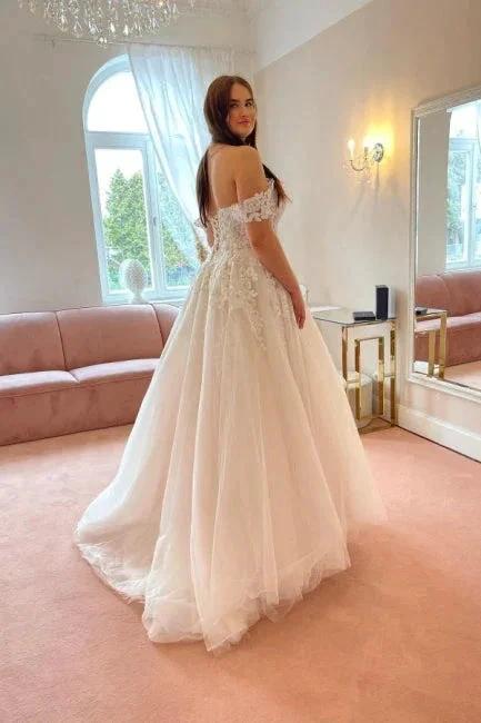 Charming Off the Shoulder Strapless A-Line Lace Tulle Wedding Dress by misshow.com