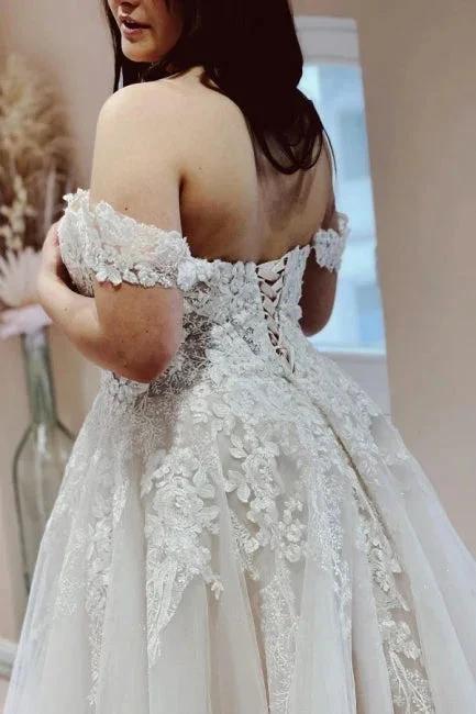Charming Off the Shoulder Strapless A-Line Lace Tulle Wedding Dress by misshow.com