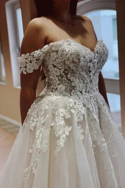 Charming Off the Shoulder Strapless A-Line Lace Tulle Wedding Dress by misshow.com
