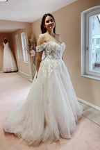 Charming Off the Shoulder Strapless A-Line Lace Tulle Wedding Dress by misshow.com