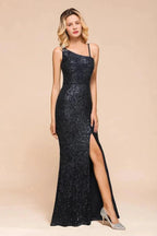 Charming One Shoulder Glitter Sequins Evening Prom Dress Side Split Party Gown by misshow.com