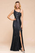 Charming One Shoulder Glitter Sequins Evening Prom Dress Side Split Party Gown by misshow.com