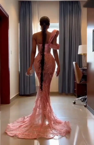 Charming One Shoulder Mermaid Prom Dress Glitter Sequins Pearl Sweetheart Evening Dress