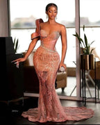 Charming One Shoulder Mermaid Prom Dress Glitter Sequins Pearl Sweetheart Evening Dress by misshow.com