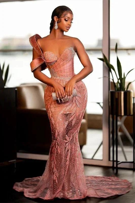Charming One Shoulder Mermaid Prom Dress Glitter Sequins Pearl Sweetheart Evening Dress by misshow.com