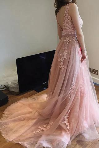 Charming Pink Lace Tulle Open Back Little Train Wedding Dresses WD198 by pgmdress